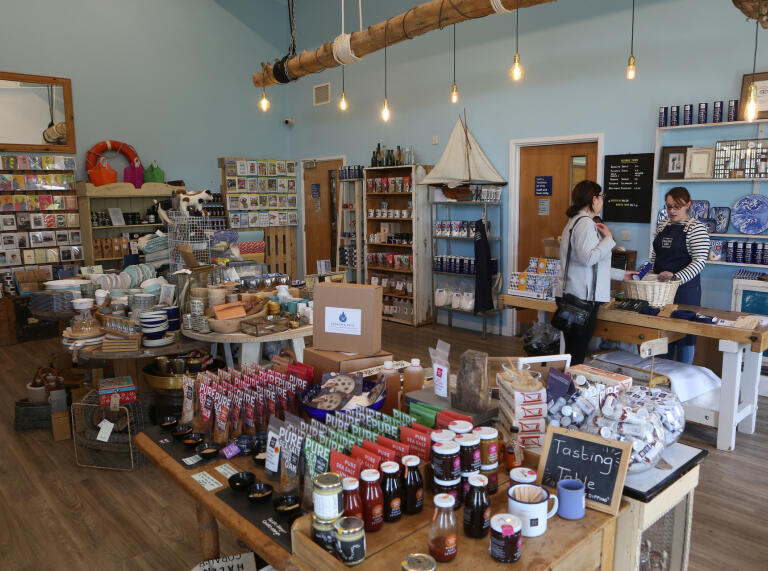Goods to buy on display in the shop at Halen Mon Anglesey Seasalt Company.