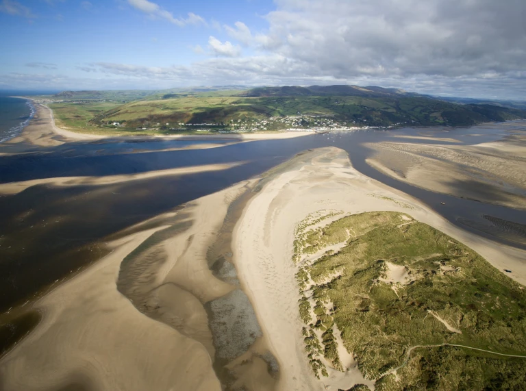 Aerial shot of Dyfi Estuary and Aberdyfi