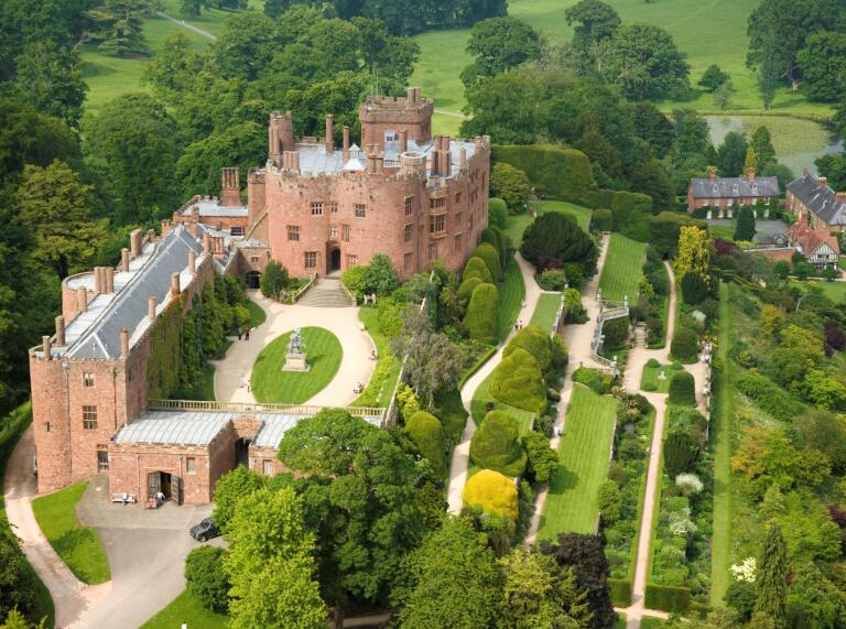 Aerial view of Powis Castle and the gardens.