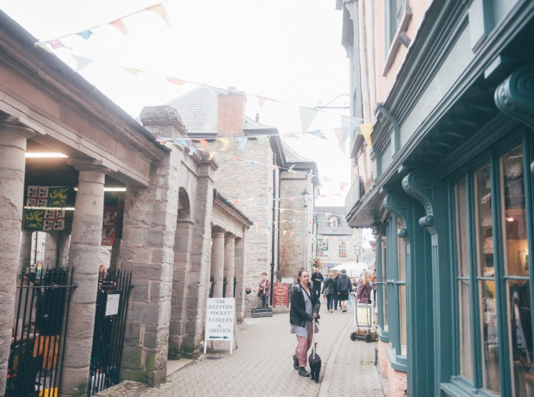 A street draped with bunting in a book town.