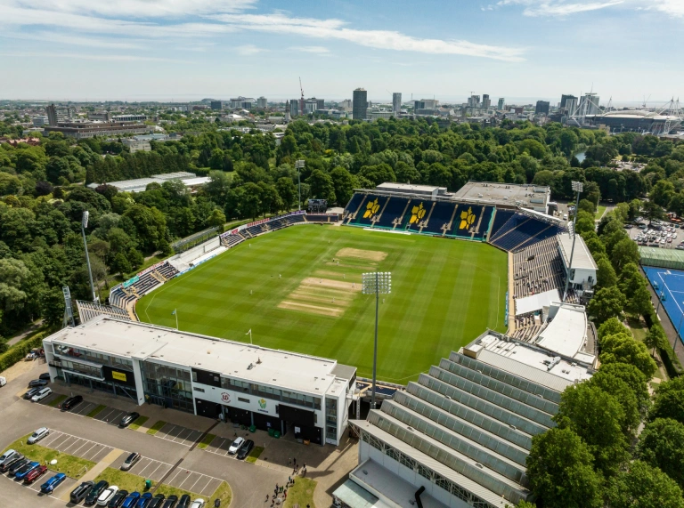 Aerial shot of a cricket ground.