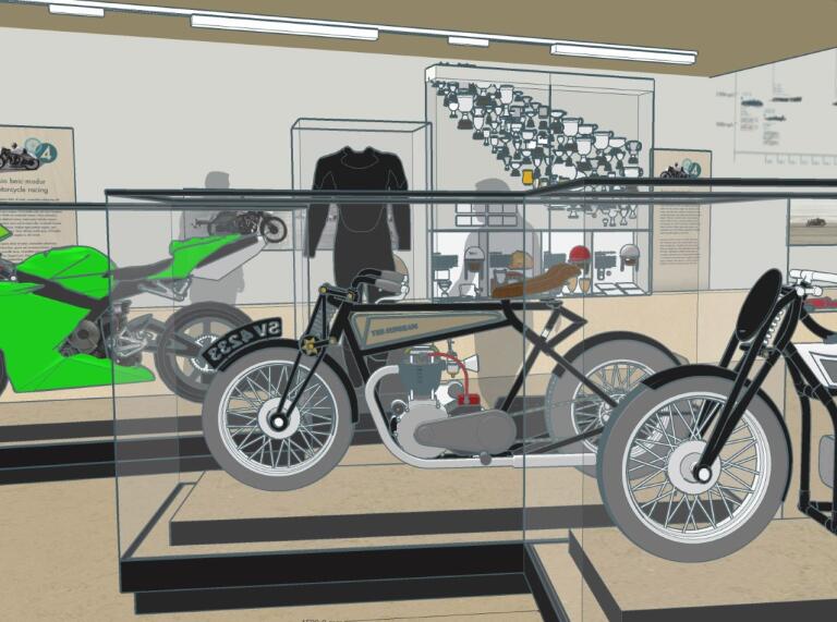 Artist impression of motorcycles and other pieces in a museum.