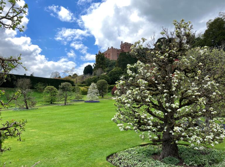 Mature gardens with a grand castle towering above in the background.