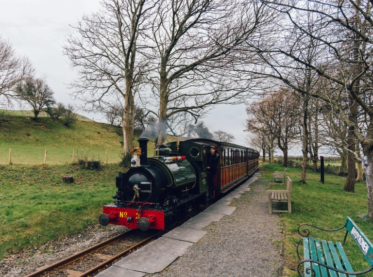 A steam train pulling into a station .