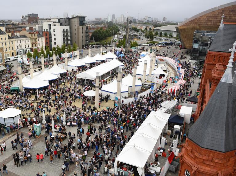 Aerial shot of the tents and marquees at a food festival.
