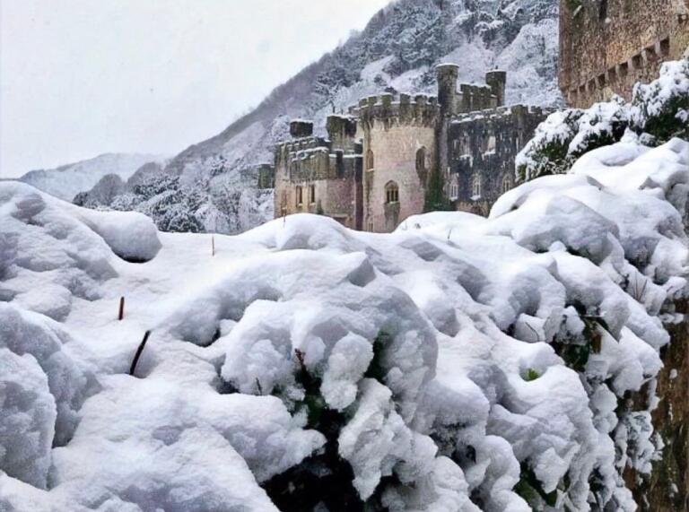 A castle surrounded by a snowy landscape.