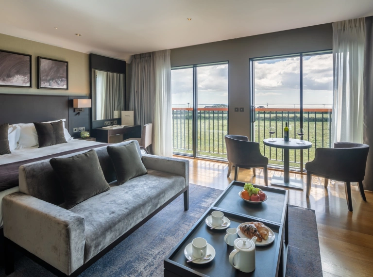 A hotel room with a balcony view.