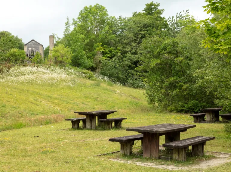 Picnic area with a lead mine building in the near distance.