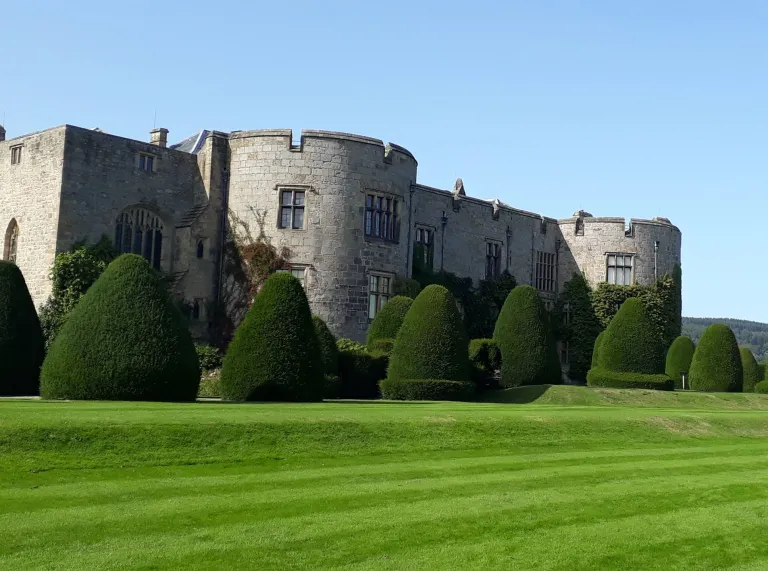 A grand castle surrounded by manicured hedges.