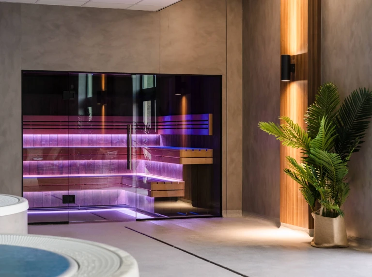 A sauna at a health club.