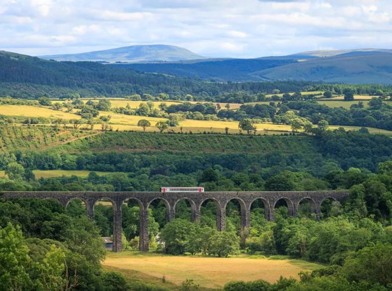 A train passing over a viaduct with mountains beyond.
