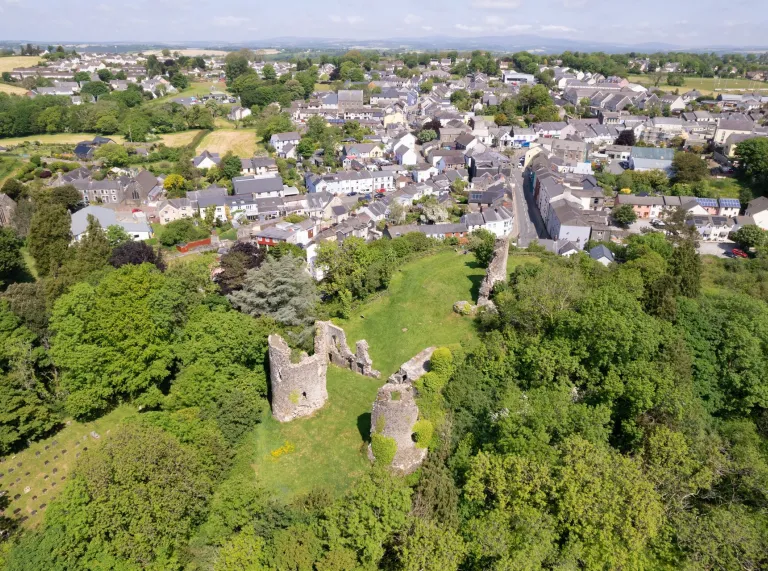 Aerial shot of a castle and a town.
