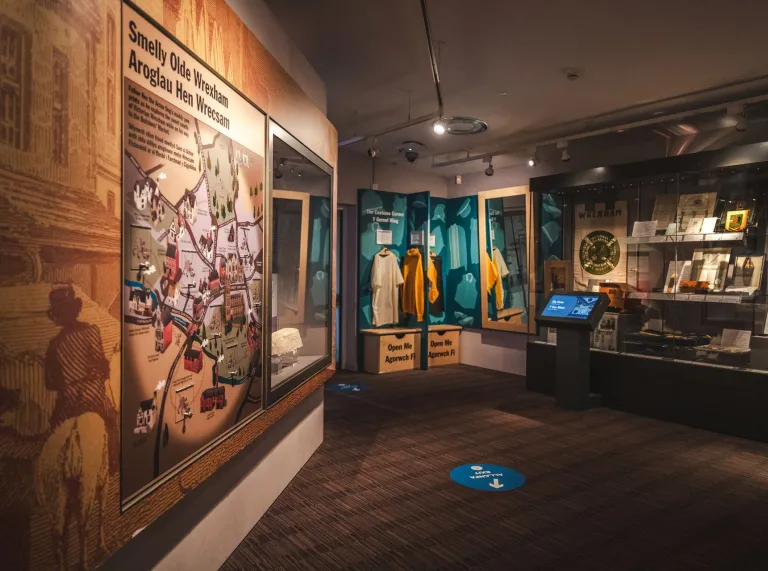 Display board of an historical map and cabinet of artefacts in a museum.