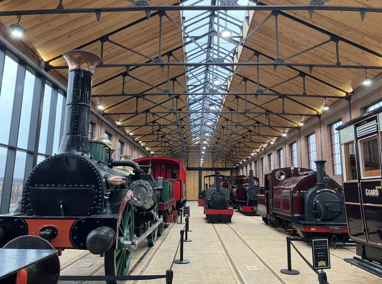 An engine shed containing steam trains.