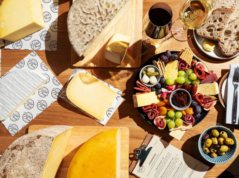 Overhead shot of Welsh cheeses and cheeseboard 