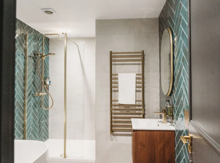 A shower room in a hotel.