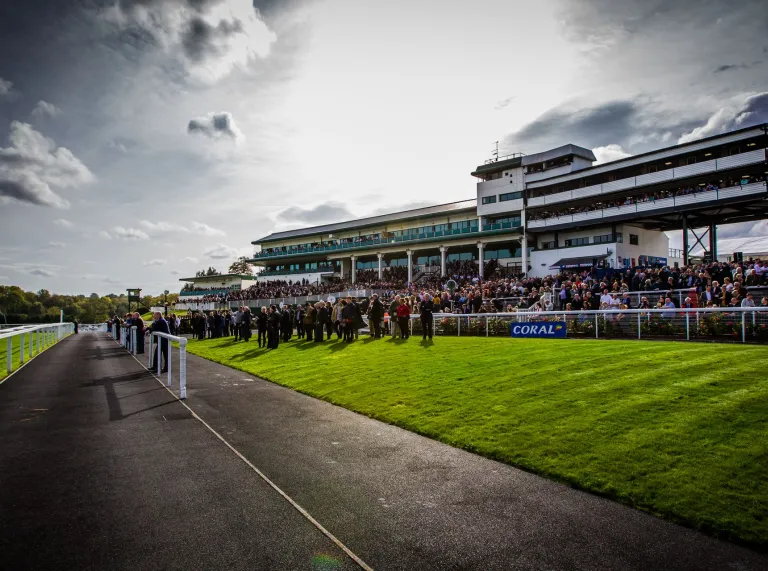 Spectators in the viewing area and the building on a racecourse.