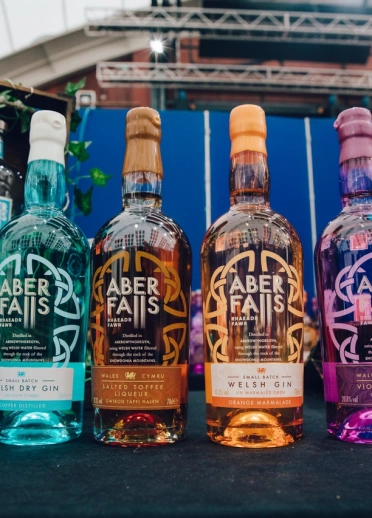 A row of six colourful gin bottles on display.