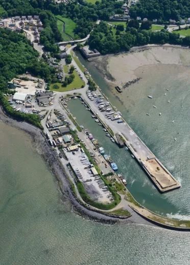 An aerial shot of an industrial port.