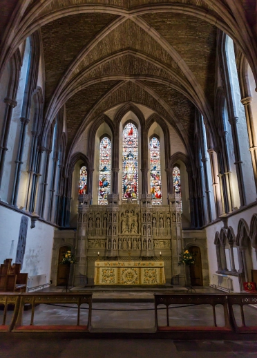 Stained glass windows inside Brecon Cathedral.