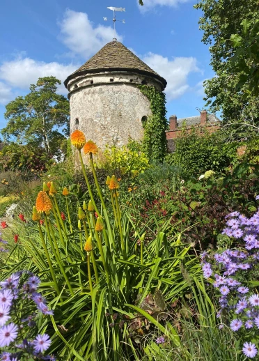 tower and flowers.