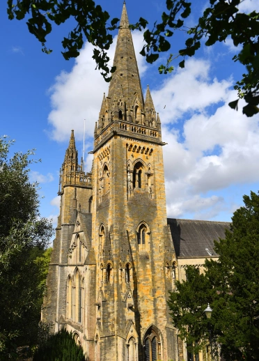 The towers and spires on a cathedral amongst trees and foliage.