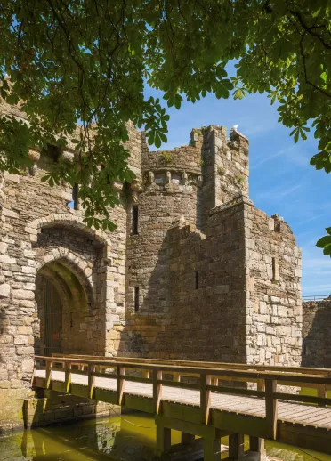 A footbridge over a moat leading to a castle entrance.