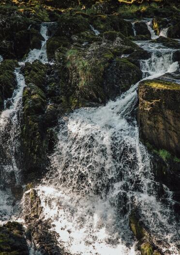 A waterfall cascading down rocks amongst trees.