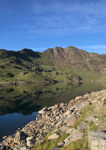 Views of the mountains reflecting in the lake.