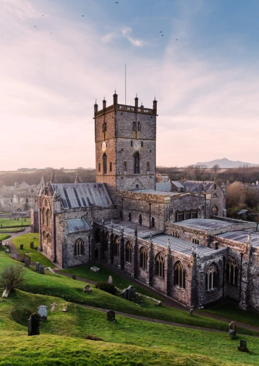 View of a cathedral from a hill.