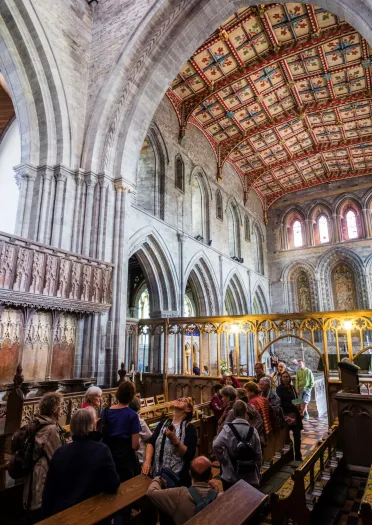 Inside the grand structure of St Davids Cathedral.