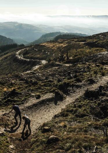 The bike trails being constructed on the mountain tops at Dyfi Bike Park