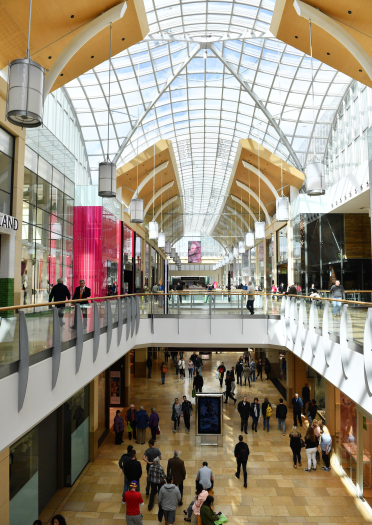 A view showing the two floors and glass roof at St David's Shopping Centre, Cardiff.