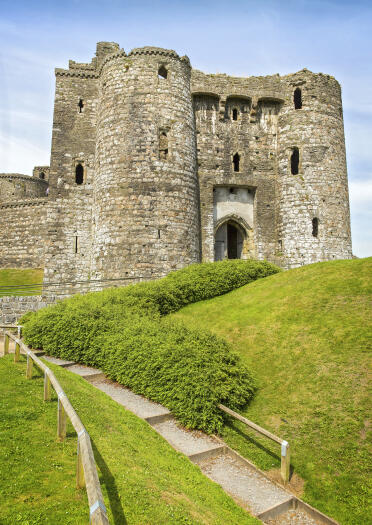 Outside steps surrounded by lush green banks leading to castle.