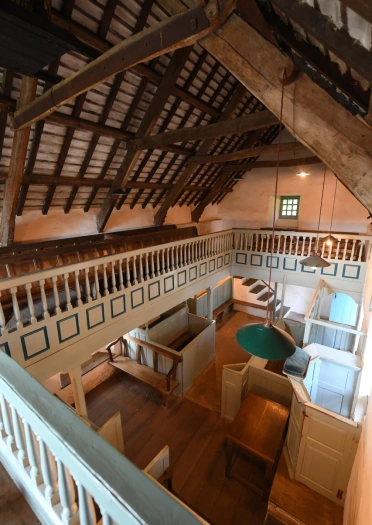 Shot from an upper floor balcony of an historical chapel.