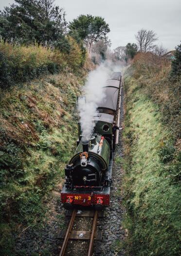 A steam train travelling through countryside.