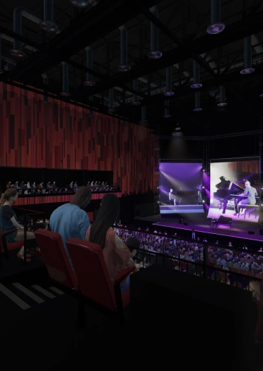 Artistic impression of an audience watching a performance in an arena.