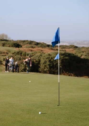 Golfers walking up to the green.
