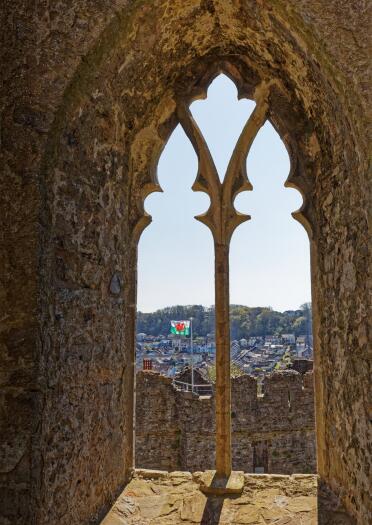 Views of a bay from a castle window.