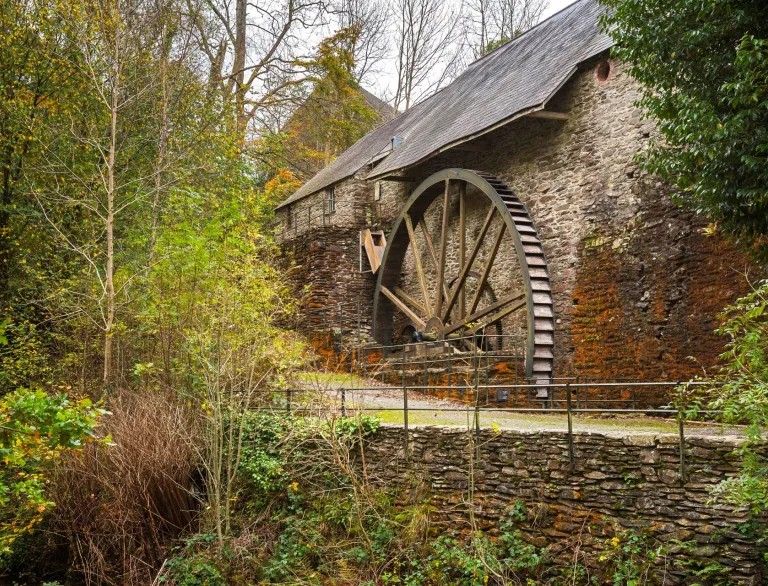 An external view of the water wheel at Dyfi Furnace.