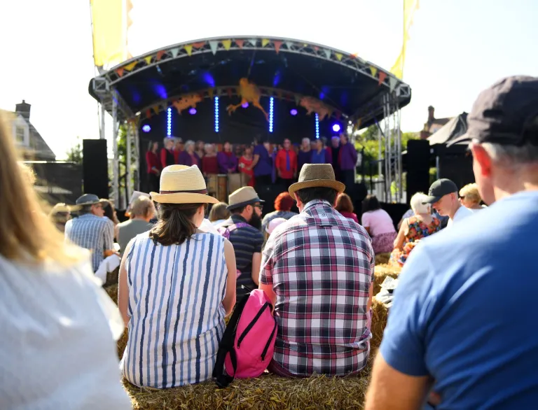 A crowd of people sitting on the lawn watching and listening to the music on the stage in front.