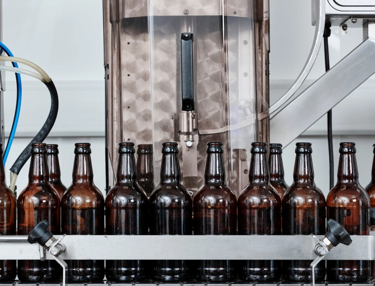 Rows of bottles on a conveyor belt in a brewery.