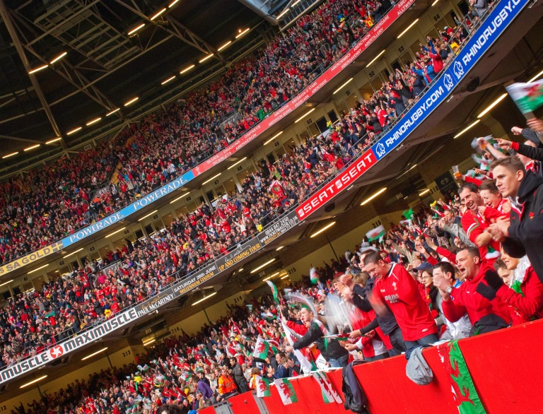 Crowds or supporters inside Principality Stadium watching Rugby World Cup.