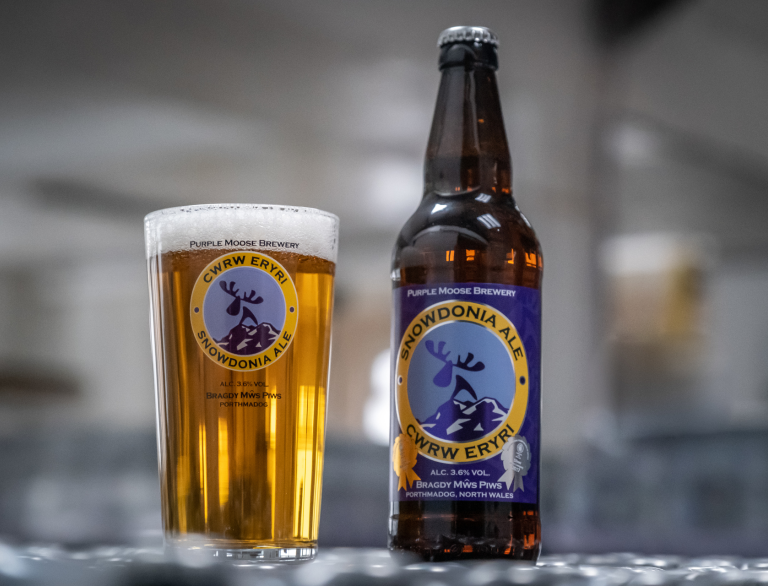 A glass of Purple Moose Snowdonia Ale sitting next to its bottle.