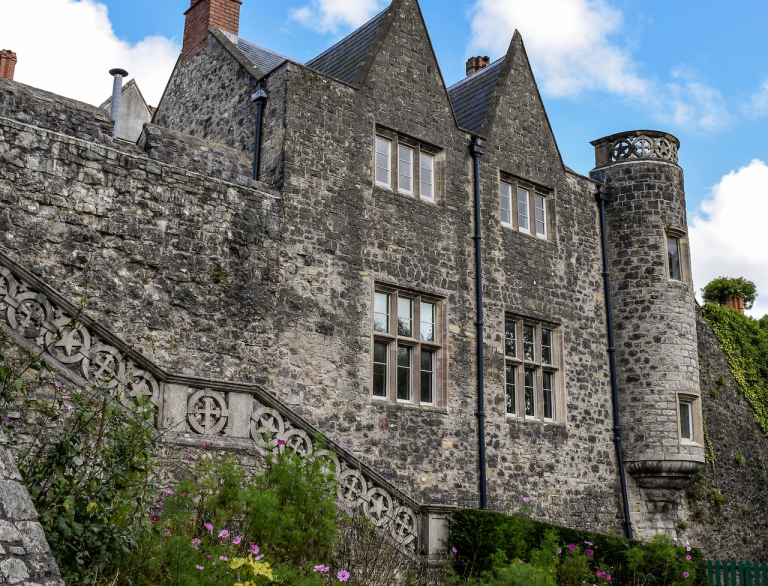 External view of St Fagans Castle and the staircase leading to the courtyard.