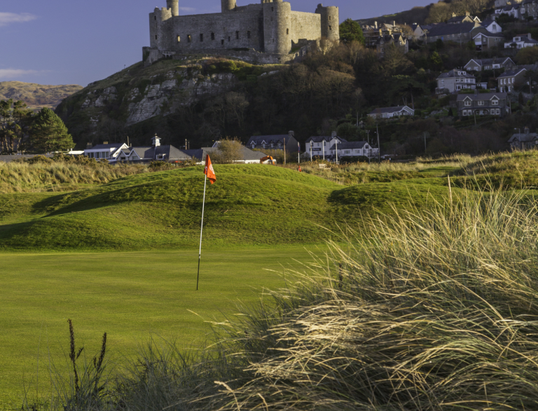 View across golf course towards a castle.