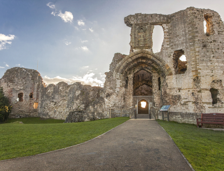 crumbling castle with archway.