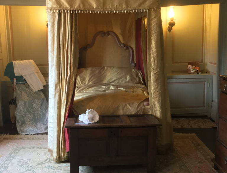 Georgian four poster bed in room at Nantclwyd Y Dre.