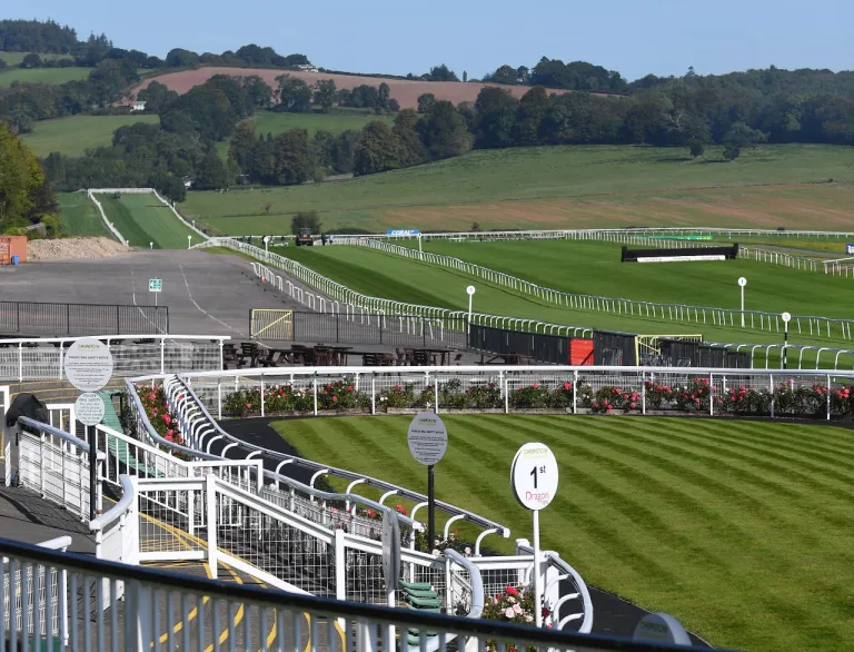 View of the race track at a racecourse for horses on a sunny day.