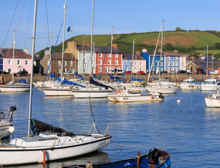 Boats in a harbour lined by pretty pastel coloured properties.